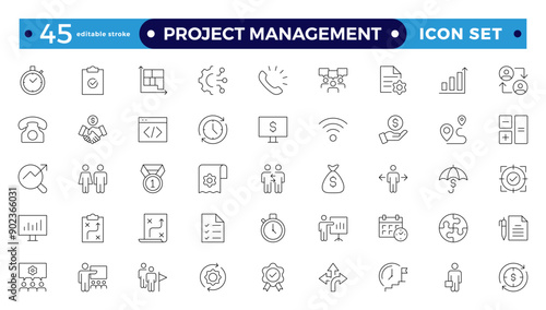 Project management icon collection. Time management and planning concept. Business or organization management icons for web and mobile apps. Time management, planning. Editable stroke outline icon.