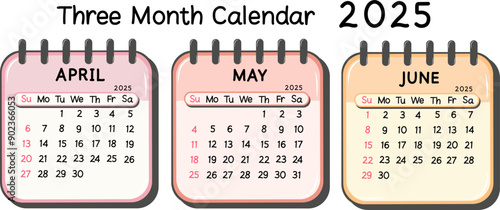 April May June. Quarter 2 2025 Calendars. Vector Illustration of Three Month Calendar with Pastel Color and Simple Design.