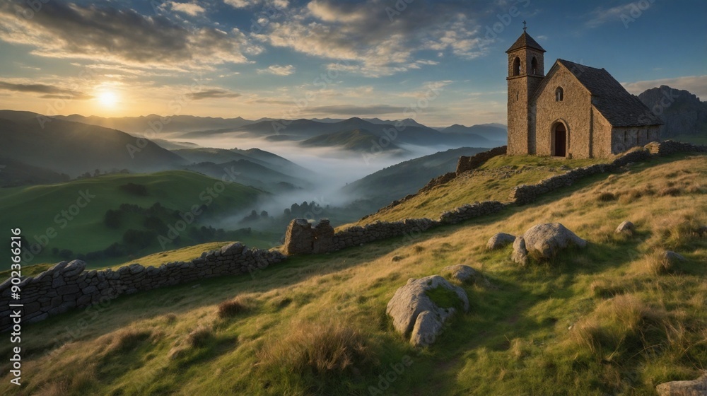 Church in the mountains, a scenic view with a sunrise Church in the mountains, a scenic view with a sunrise