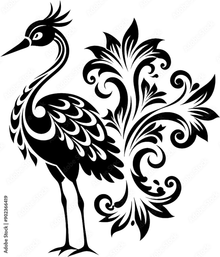 Fototapeta premium Elegant Crane Silhouette in Damask Swirl Stencil. 