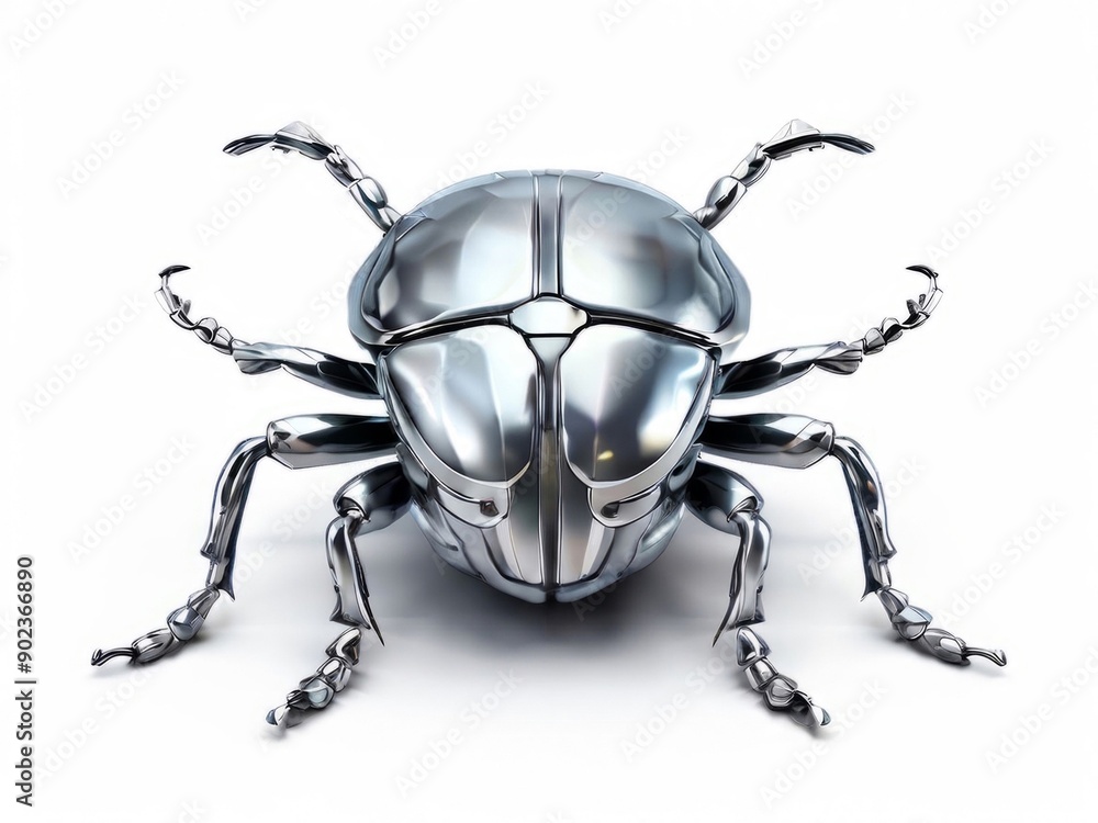 Fototapeta premium Vector illustration of 3D silver beetle in liquid metal style on white background. Perfect for Halloween-themed designs. AI generated.