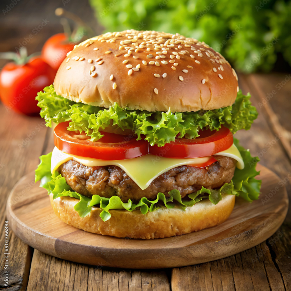 Burger with beef, lettuce, tomato, cheese, cucumber wih beautiful background Burger with beef, lettuce, tomato, cheese, cucumber wih beautiful background