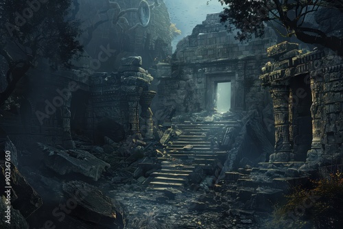 Ancient temple ruins overgrown by jungle vegetation in the rain photo