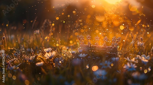 Royal crown gleaming in a sunlit meadow, surrounded by sparkling grass and flowers. A majestic and serene fantasy landscape. photo