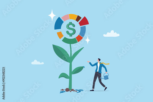 Investment portfolio, asset allocation to build passive income, wealth management or mutual fund planning, investment growth concept, businessman watering grow plant of investing portfolio pie chart.