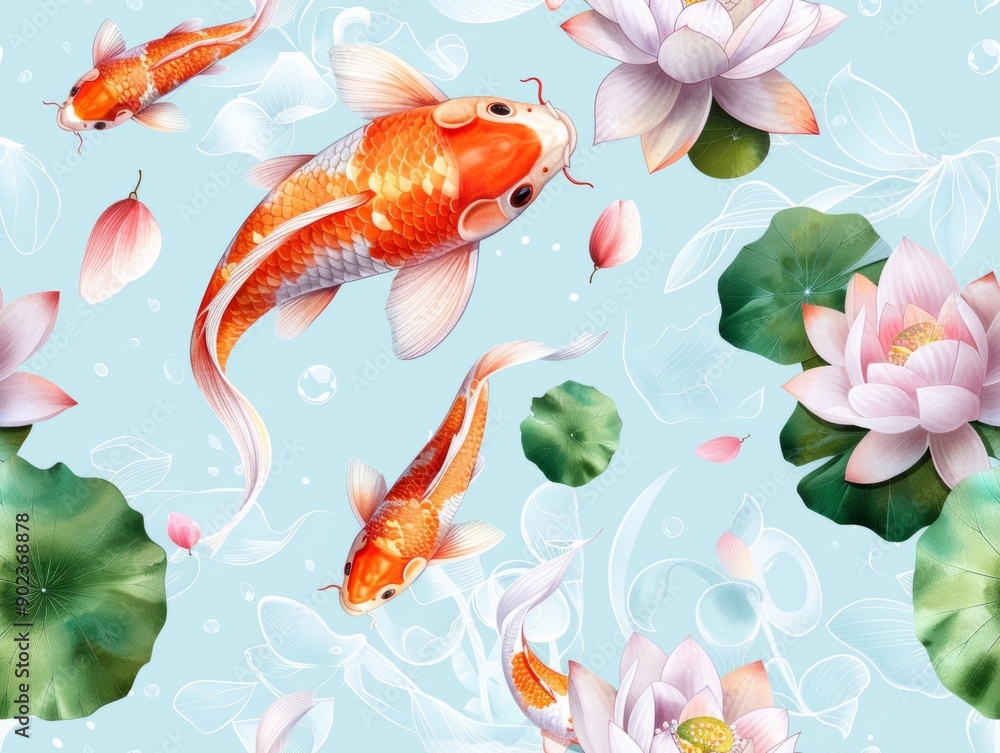 Obraz premium Seamless pattern with a perfect combination of lotus flowers and koi fish. in watercolor style