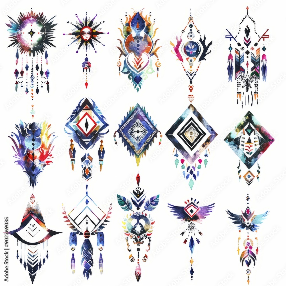 Watercolor painting of tribal tattoos, featuring geometric designs, on isolated white background, Generative AI Watercolor painting of tribal tattoos, featuring geometric designs, on isolated white background, Generative AI
