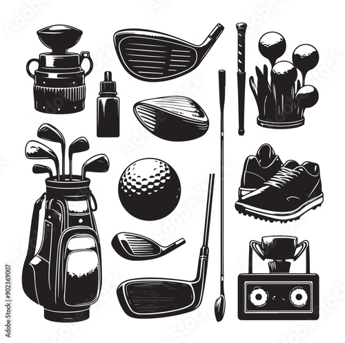 Golf equipment set collection  illustration silhouette style
