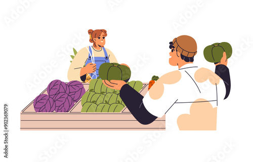 Seller, local farmer sells natural food on market. Buyer with eco mesh bag makes purchase. Customer buys organic farm vegetables in supermarket. Flat isolated vector illustration on white background