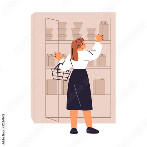 Woman holds basket, chooses food on supermarket shelves back view. Customer takes goods from rack, buys products in market. Buyer shopping in grocery store. Flat isolated vector illustration on white