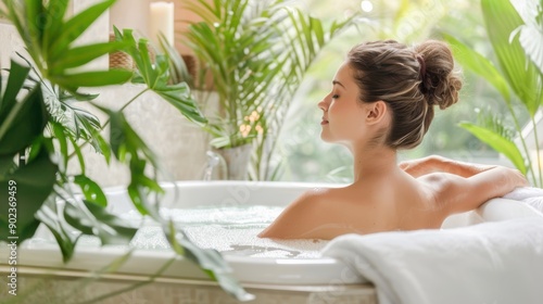 Peaceful spa environment with a young woman soaking in a bathtub, with soft towels and calming decor