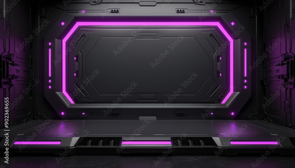 A futuristic black and purple room with glowing neon lights and a platform in the center A futuristic black and purple room with glowing neon lights and a platform in the center
