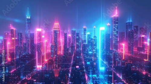 Futuristic cityscape background with glowing skyscrapers and neon lights