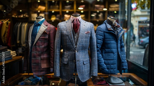 Display of elegant outdoor jackets in a boutique, showcasing modern fashion trends. Sleek and stylish, perfect for seasonal wardrobe inspirations. © growth.ai