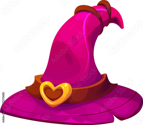 Halloween holiday witch hat, isolated cartoon vector bright pink witch cap with a golden heart-shaped buckle and brown straps. Cute and whimsical enchantress headwear for fantasy games or parties