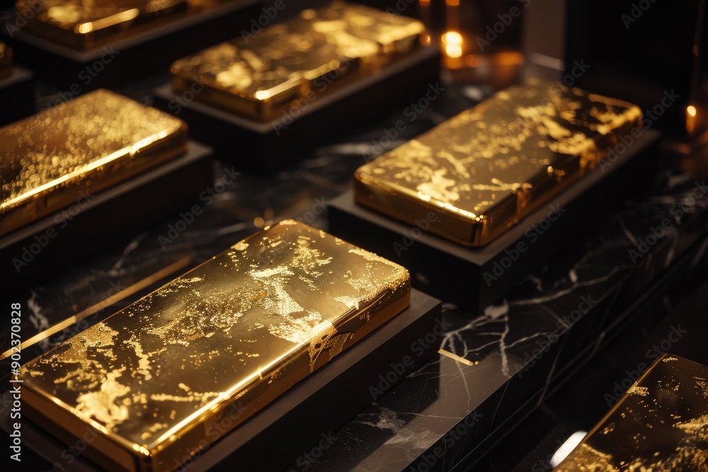 Golden Bars on a Black Marble Surface Golden Bars on a Black Marble Surface