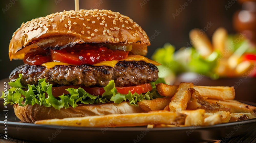 Burger with fries served on a plate img Burger with fries served on a plate img