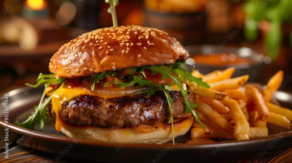 Burger with fries served on a plate Burger with fries served on a plate