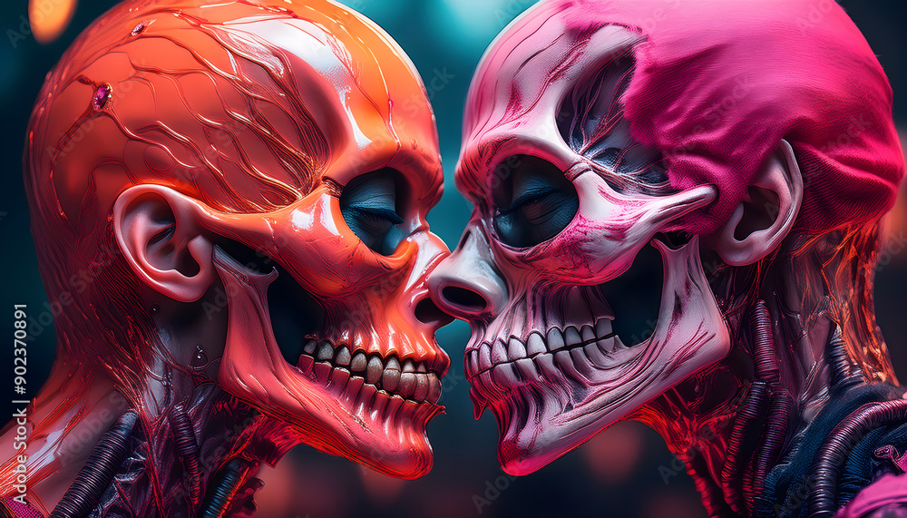 Naklejka premium zwei, Skelett, Skelette, küssen, sich, kuss, close up, neu, 3d, photo, pink, orange, gesicht, halloween, tattoo, vibrant, y2k, neon, farben, vibrant, vivid, copy space, cyber, world, ad, party, kopf, 