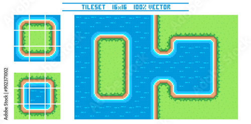 Pixel art tile set for 2d top-down retro game. A set of water tiles with grass for platformer. Location and landscape constructor. The resolution of the block is 16 x 16 pixels.