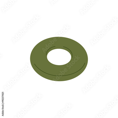 Green inflatable circle, floater ring, tool for swimming pool, sea. Torus figure, round geometric form. Object with donut shape. Rubber lifebuoy for water. Flat isolated vector illustration on white