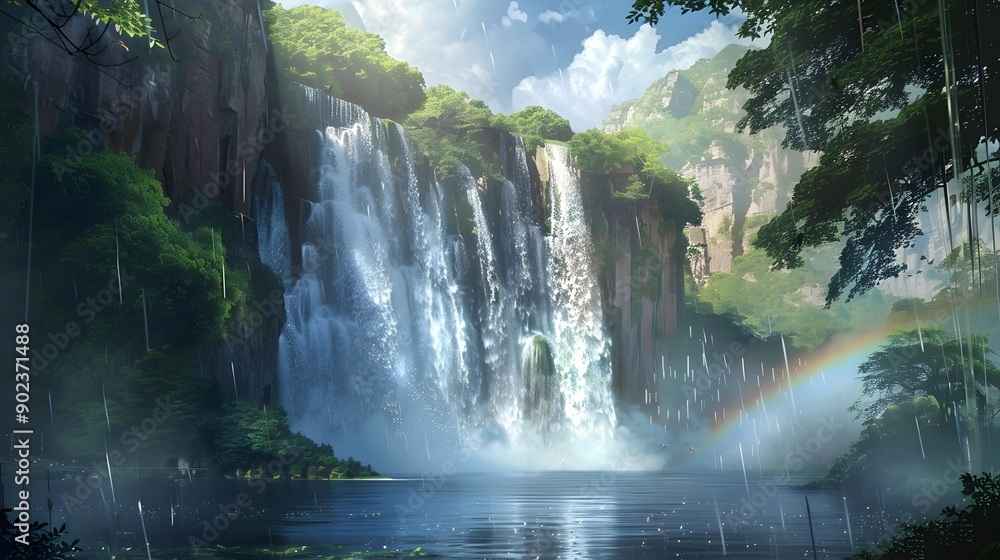 Naklejka premium A waterfall falls from a high cliff picture