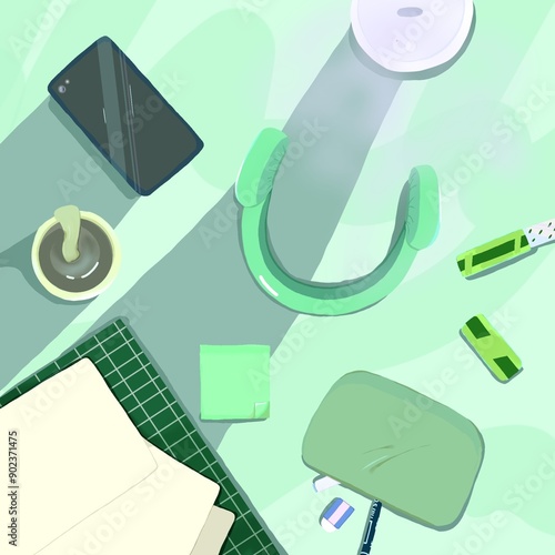 green themed work desk flatlay 2d illutration photo