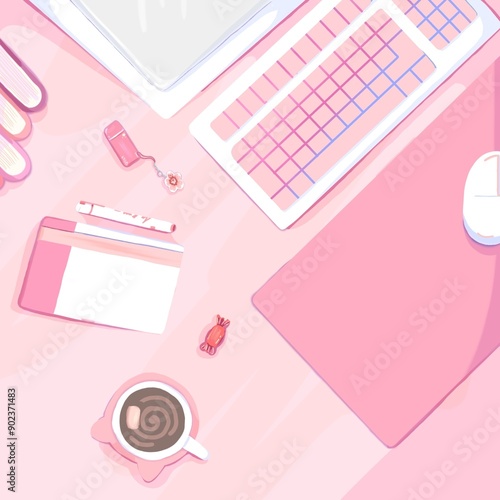 cute pinkb themed desk flatlay 2d illustration photo