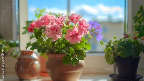 A pink geranium blooms in a pot picture © Yelena