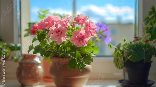 A pink geranium blooms in a pot picture