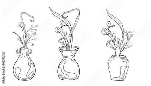 Set of clay vases with long stems black white vector illustration isolated. Ink silhouette vases and floral arrangement in line art. Vase line contour hand drawn. Element for ceramics workshop
