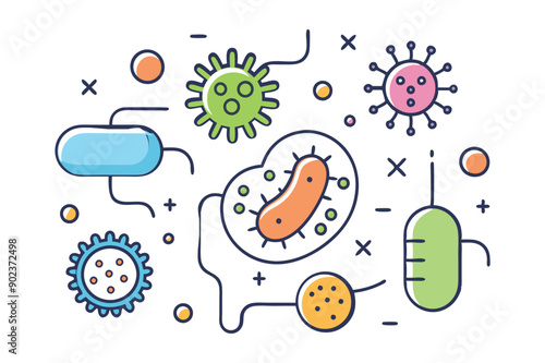 Probiotics bacteria, microbes, infection and pathogen cells concept editable stroke outline, icon set Vector illustration on white background.