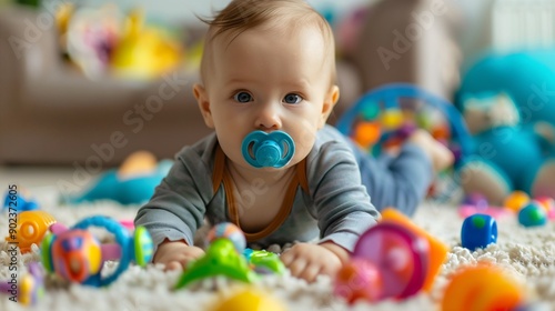 Cute sweet baby toddler or kid with pacifier playing on the room floor with plastic toys. Home kindergarten, infant learning to walk, preschool education, family love, child creativity and growth