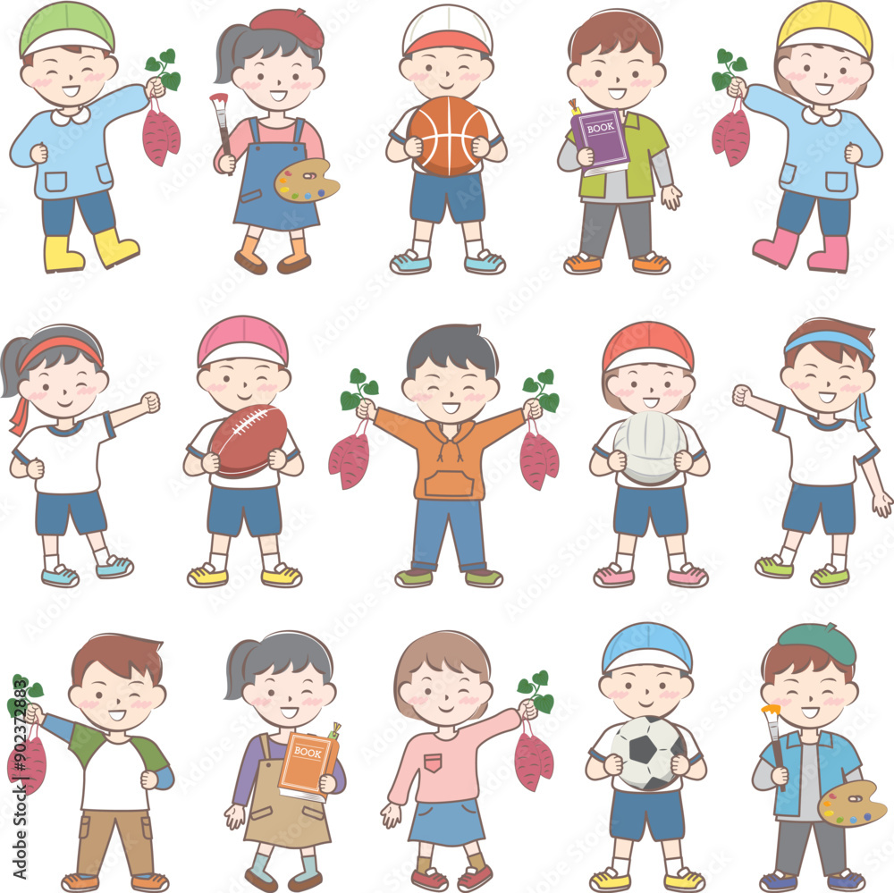 秋の行事の子供たち 芋掘り スポーツ 読書 芸術 秋の行事の子供たち 芋掘り スポーツ 読書 芸術