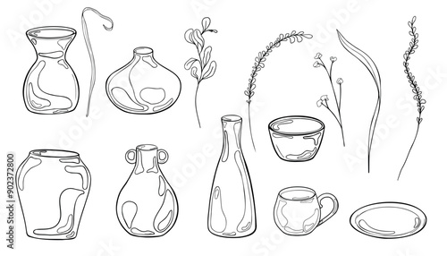 Flowers and pottery items in set black white vector illustration. Jug and pot ink silhouette hand drawn. Floral arrangements, plant stem and clay dishes graphic outline. Coloring of ceramics crockery