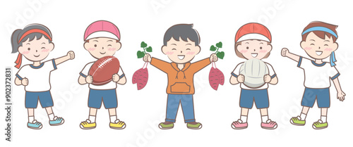 秋の行事の子供たち　芋掘り　スポーツ　