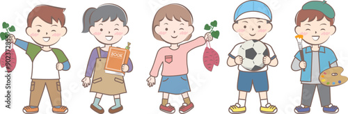 秋の行事の子供たち　芋掘り　スポーツ　読書　芸術