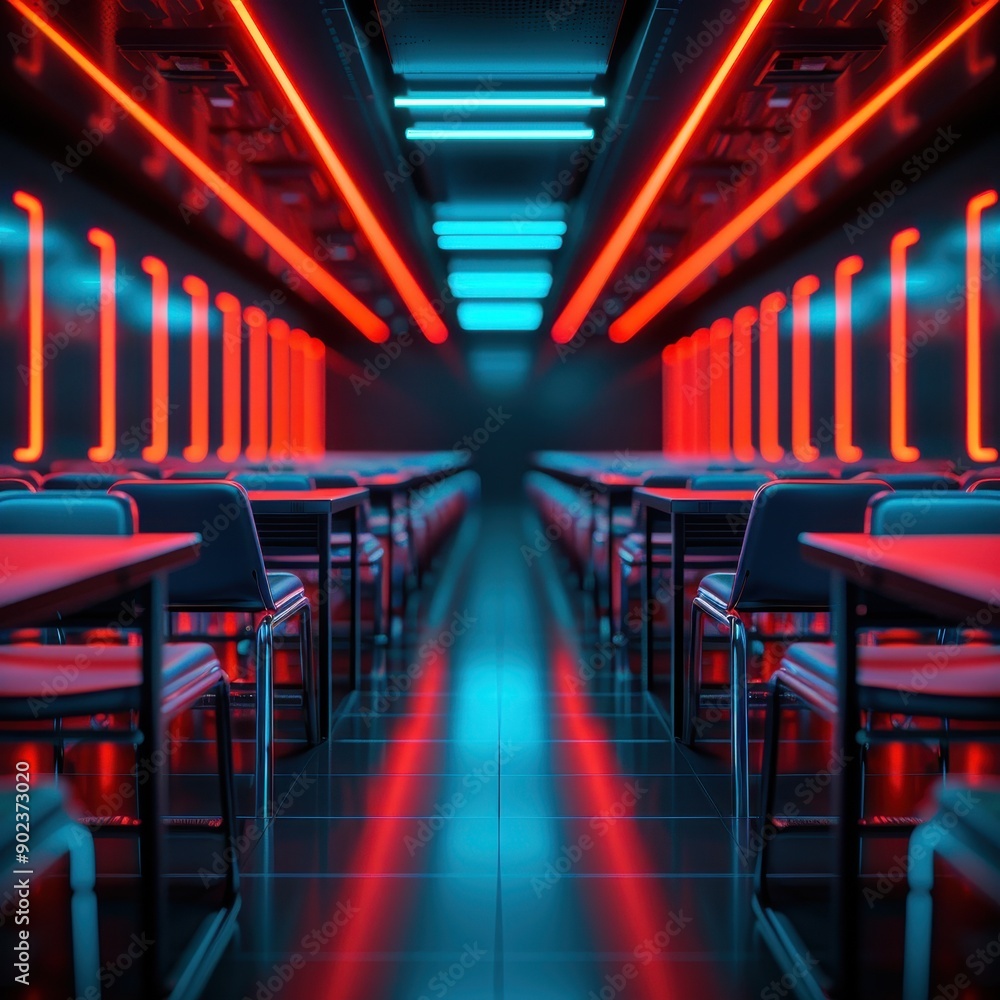 Futuristic hallway illuminated by neon lights in red and blue, creating a modern and advanced technological atmosphere. Futuristic hallway illuminated by neon lights in red and blue, creating a modern and advanced technological atmosphere.