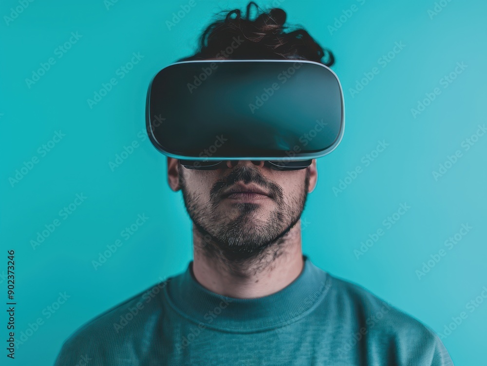 Man with a VR headset against a blue background, showcasing modern virtual reality technology and experience. Man with a VR headset against a blue background, showcasing modern virtual reality technology and experience.