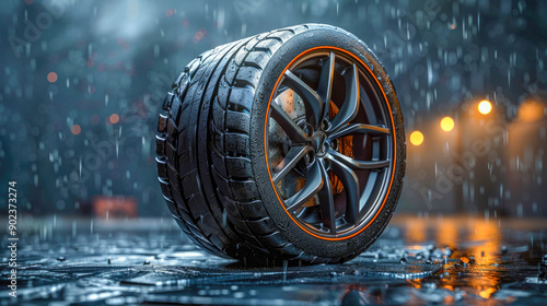 Close-up of a wet tire on a rainy road with a blurred natural background. Focus on tire tread and raindrops. Concept of automotive and weather