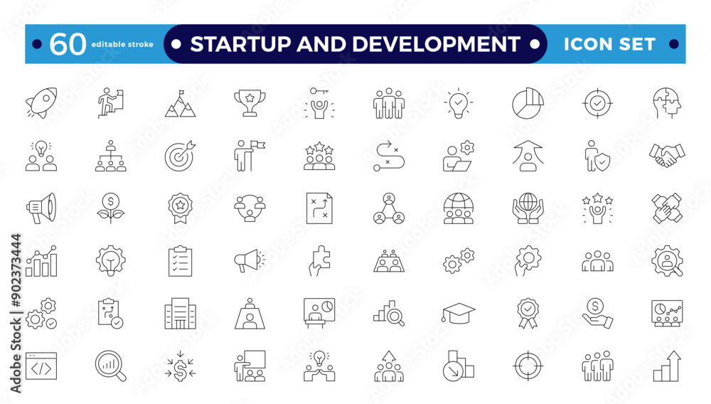Startup and development outline icons set. Start up symbols collection. Launch, development, investment, innovation. Line icons related to the project, and startup. Editable stroke outline icon. Startup and development outline icons set. Start up symbols collection. Launch, development, investment, innovation. Line icons related to the project, and startup. Editable stroke outline icon.