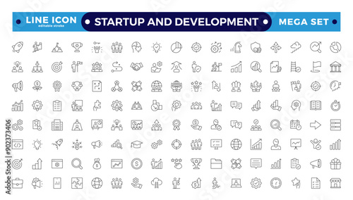  Startup and development outline icons set. Start up symbols collection. Launch, development, investment, innovation. Line icons related to the project, and startup. Editable stroke outline icon.