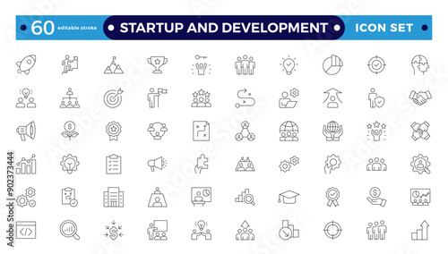  Startup and development outline icons set. Start up symbols collection. Launch, development, investment, innovation. Line icons related to the project, and startup. Editable stroke outline icon.