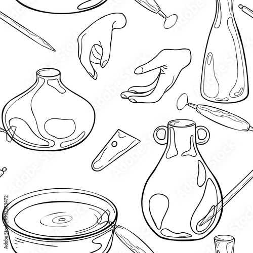 Women hands and pottery items black white vector hand drawn seamless pattern isolated. Two hands, jug and clay dishes in contour on endless background. Design pattern with making ceramic pot