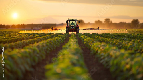 A tractor is spraying pesticides on a soybean field in the morning, representing modern agricultural practices and technology.