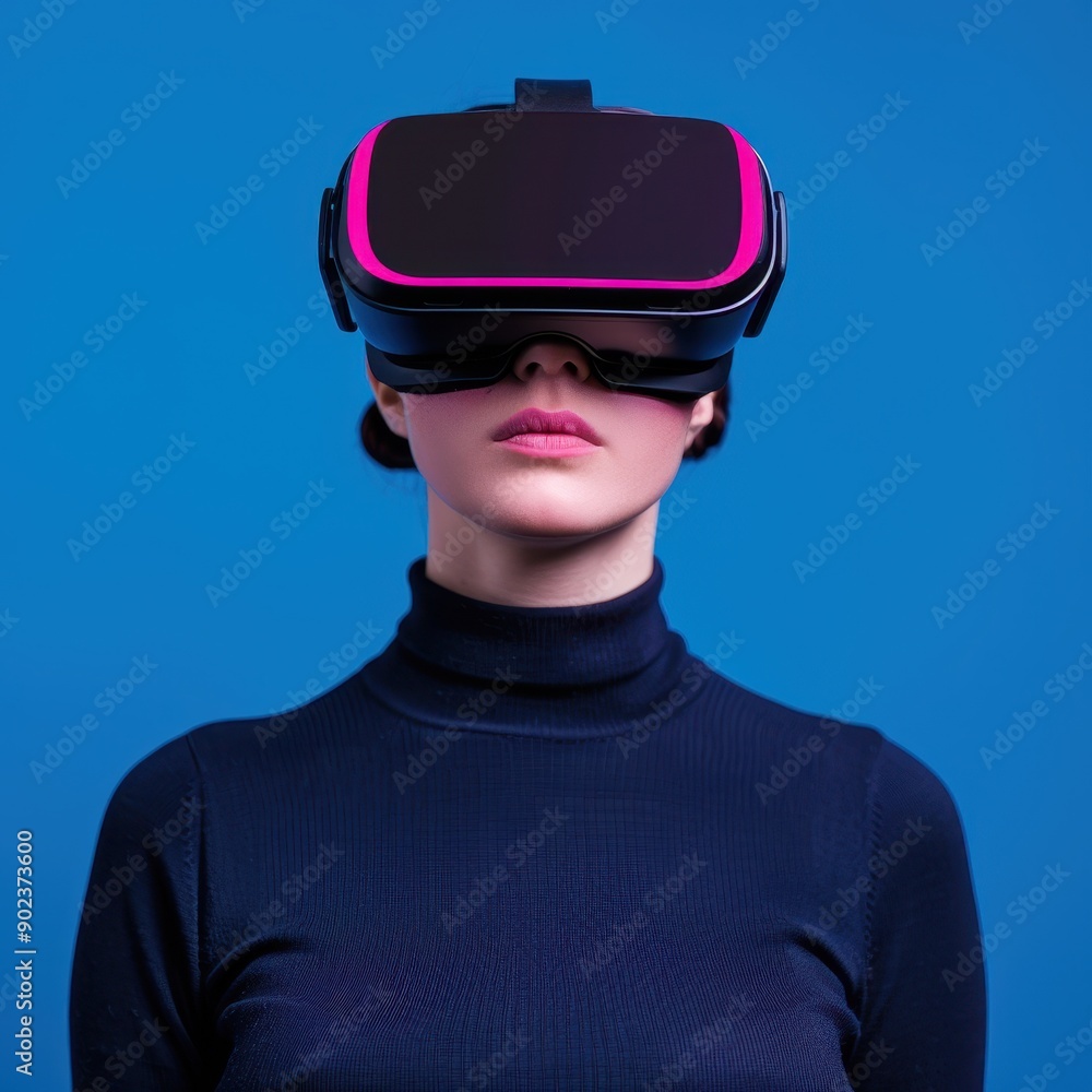 A woman wearing a VR headset, standing against a blue background, highlighting virtual reality technology and modern digital experience. A woman wearing a VR headset, standing against a blue background, highlighting virtual reality technology and modern digital experience.