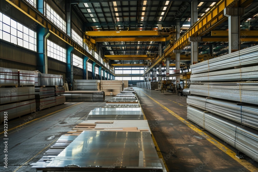 Industrial Warehouse with Stacked Metal Sheets Industrial Warehouse with Stacked Metal Sheets