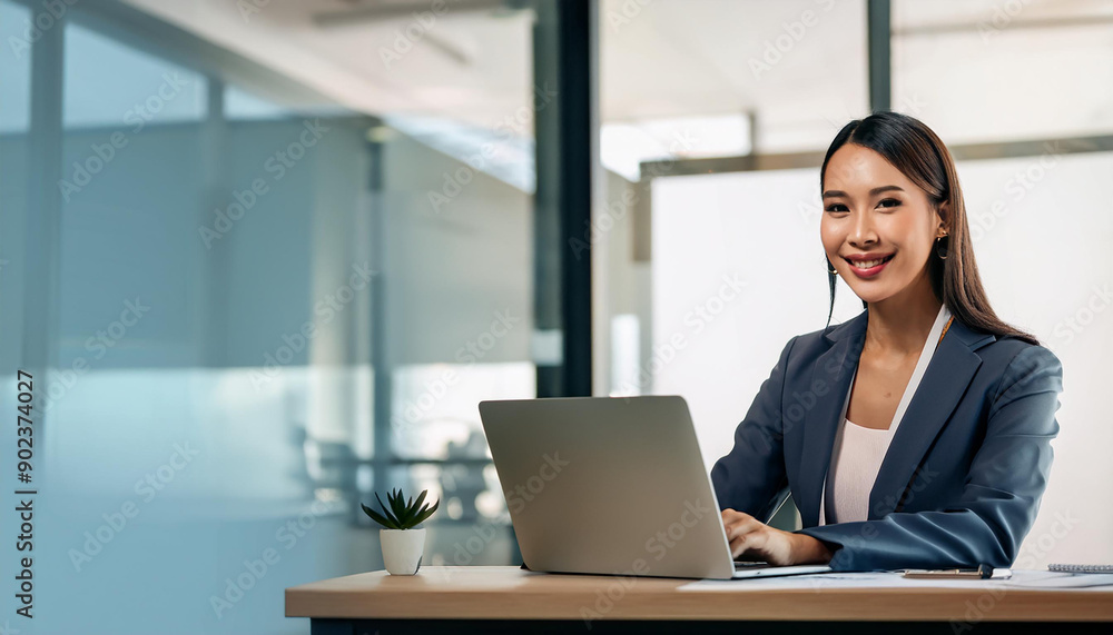 Professional female employee or a businesswoman using a laptop in a modern office. Copy space. Professional female employee or a businesswoman using a laptop in a modern office. Copy space.