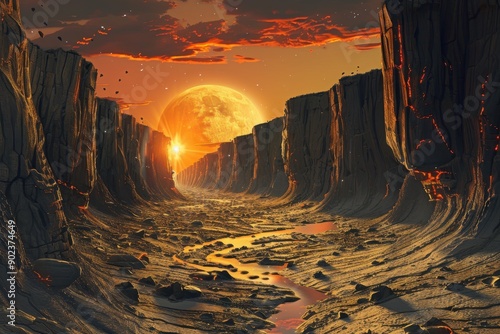 Rocky canyon landscape with moon and river photo