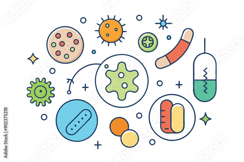 Probiotics bacteria, microbes, infection and pathogen cells concept editable stroke outline, icon set Vector illustration on white background.